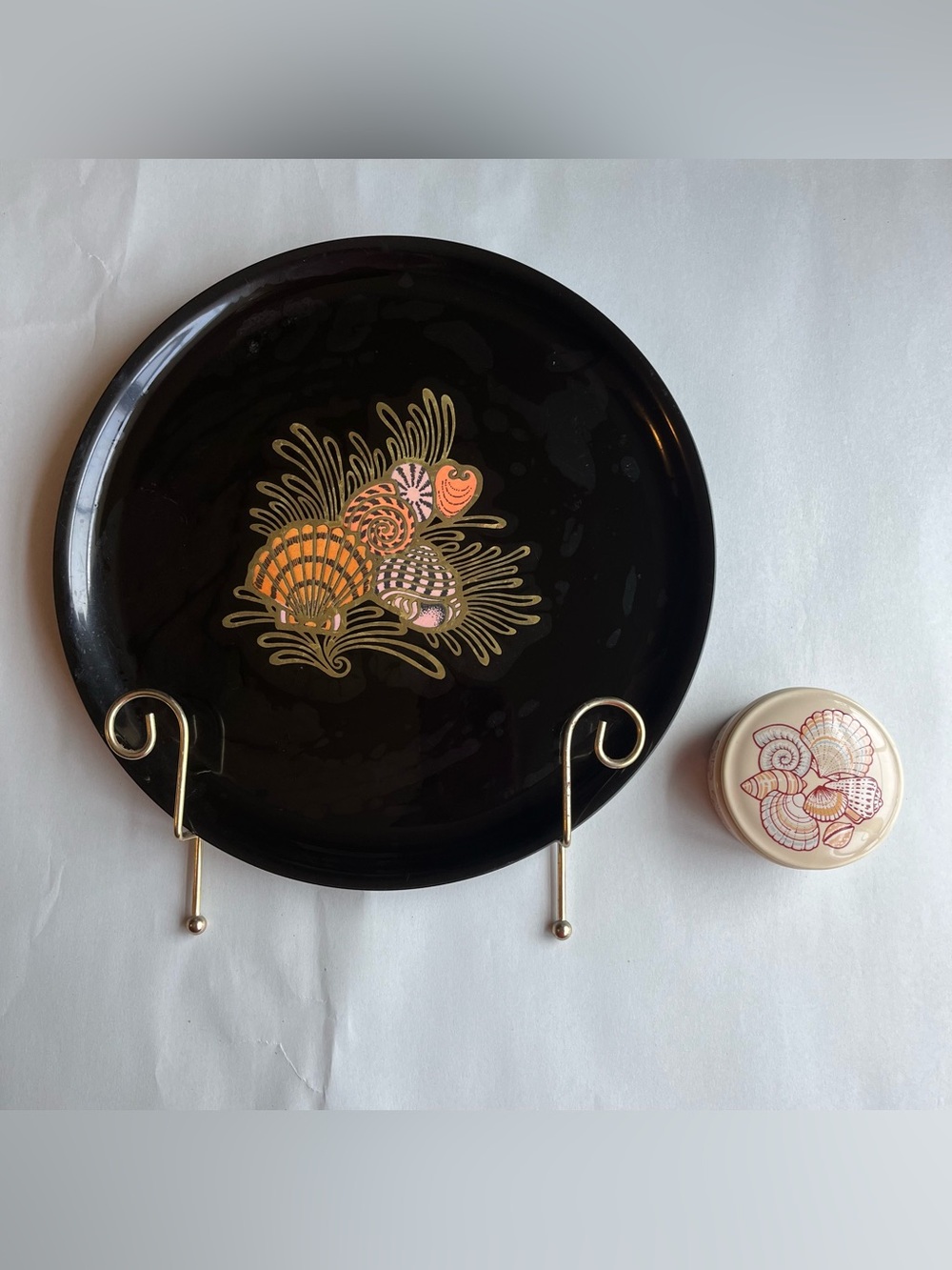 Vintage Sea Shell Theme Tray Brass Wall Stand Trinket Box - Lot of 3